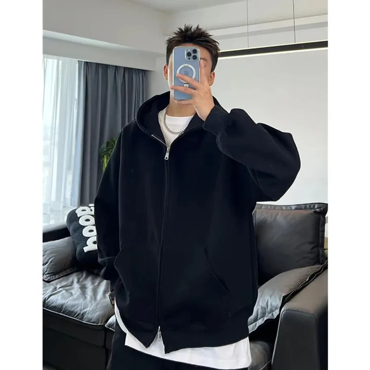 美式连帽卫衣开衫黑色宽松休闲男士双拉链外套男款秋冬款加绒上衣