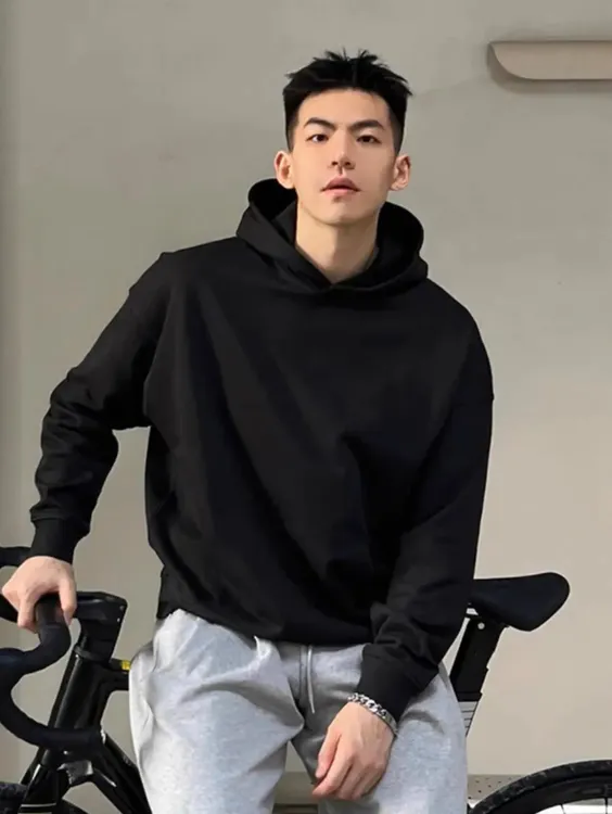 美式复古休闲简约纯色连帽衫男秋冬宽松百搭套头上衣重磅卫衣外套