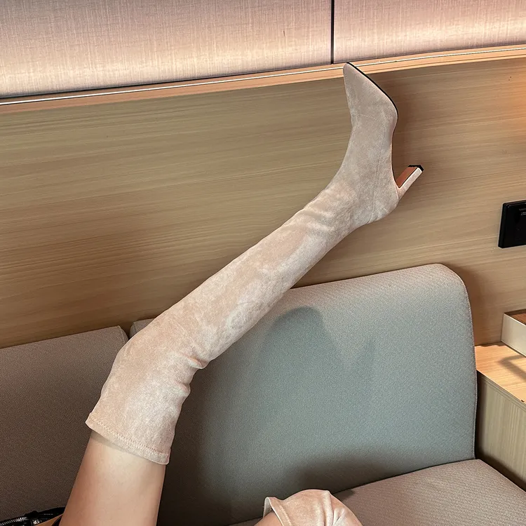 2025新款秋冬显瘦尖头瘦瘦靴高跟气质百搭长筒靴绒面弹力靴过膝靴
