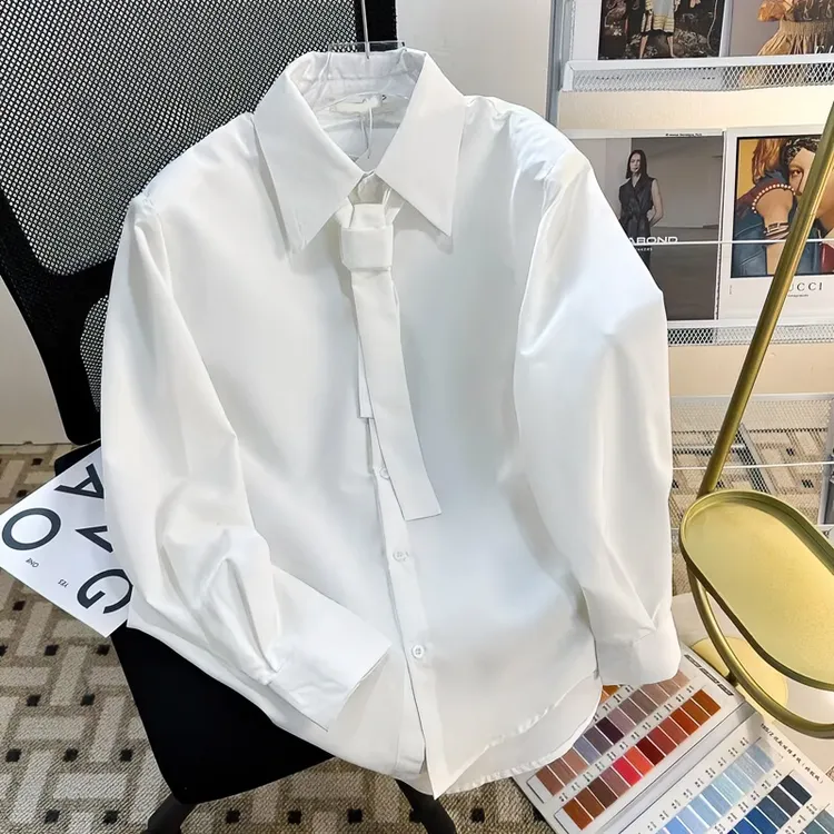 高级感领带垫肩设计衬衫男垂坠感小众大尖领宽松法式白色长袖衬衣