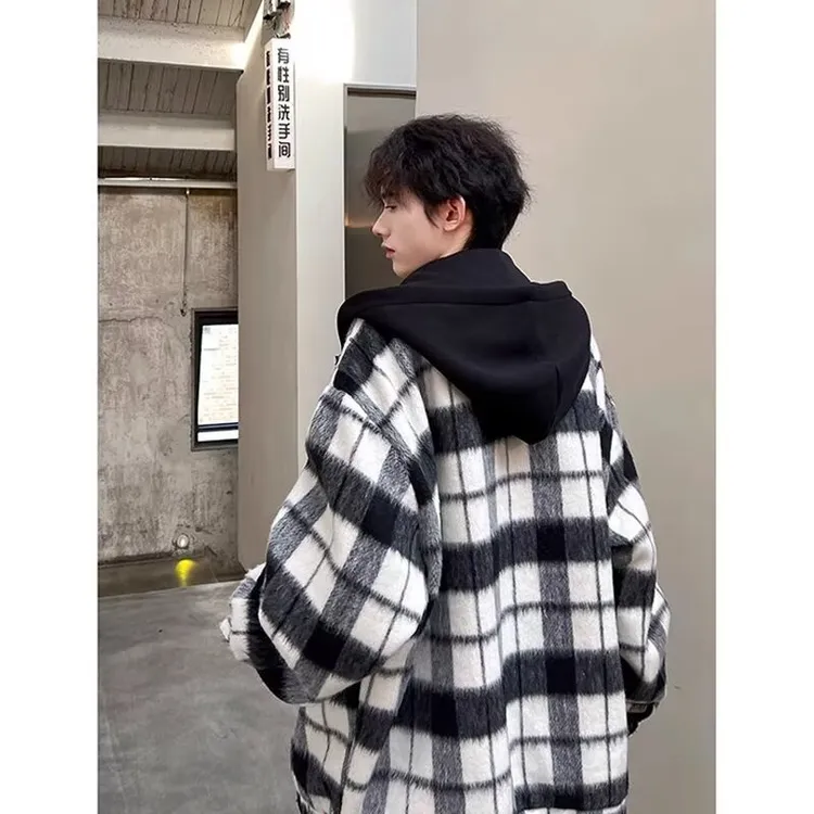 小香风黑白格子毛呢外套男同款春秋季假两件大衣韩版连帽夹克褂子