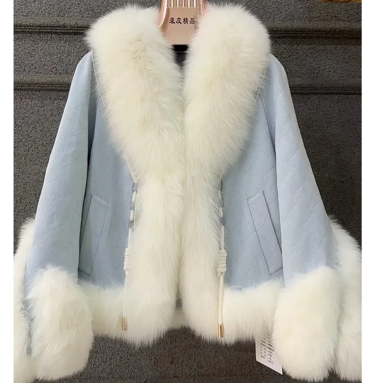 DOUSHEHUI  冰岛奶蓝狐狸毛麂皮绒皮草服饰外套「红人上新」
