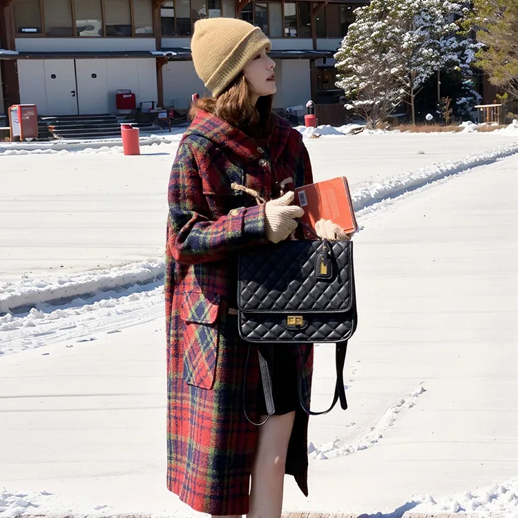 洋气复古宽松毛呢中长款加厚韩版新款冬季格子连帽休闲长款大衣