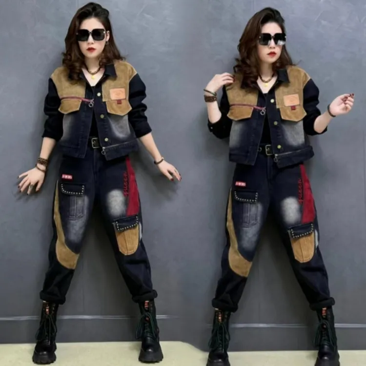 秋冬爆款加绒女牛仔拼接外套个性时尚套装显瘦洋气哈伦女装两件套