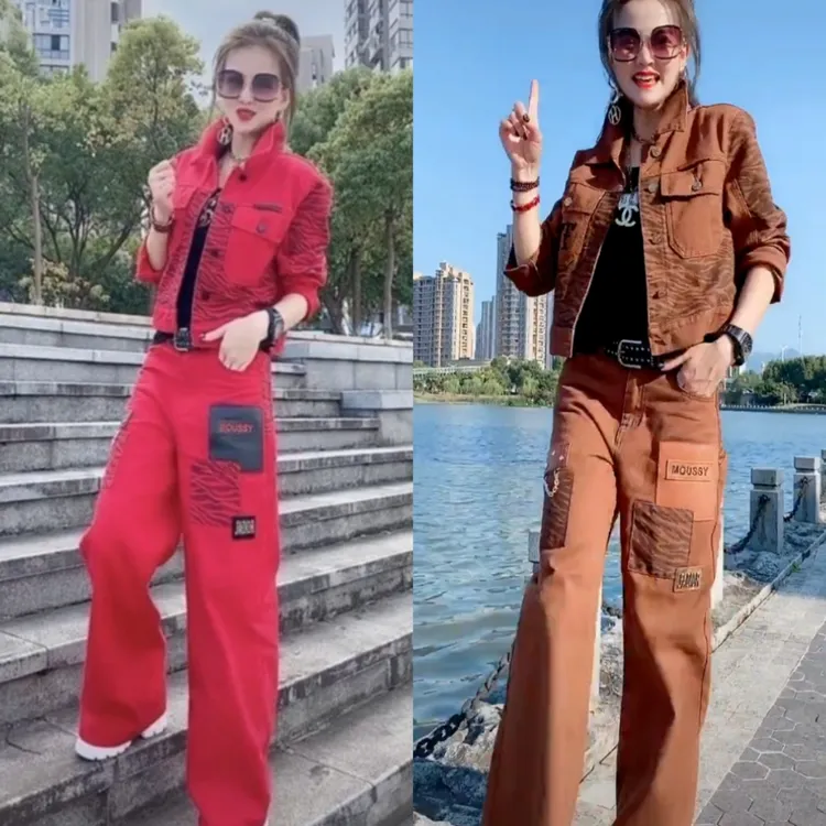 潮牌秋季时尚直筒裤休闲减龄洋气阔腿裤女装牛仔套装显瘦女两件套