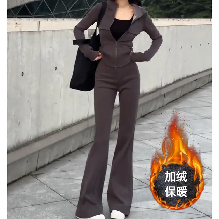 休闲运动套装春秋2025新款连帽加绒卫衣外套高腰阔腿裤两件套装女