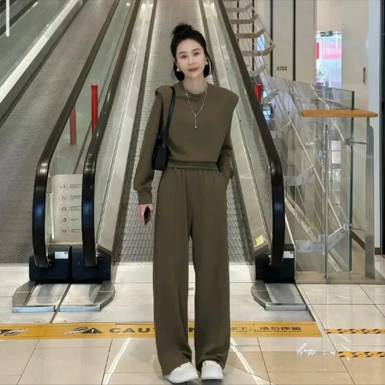 休闲时尚套装女2024秋季新款高级感纯色宽松卫衣显瘦阔腿裤两件套