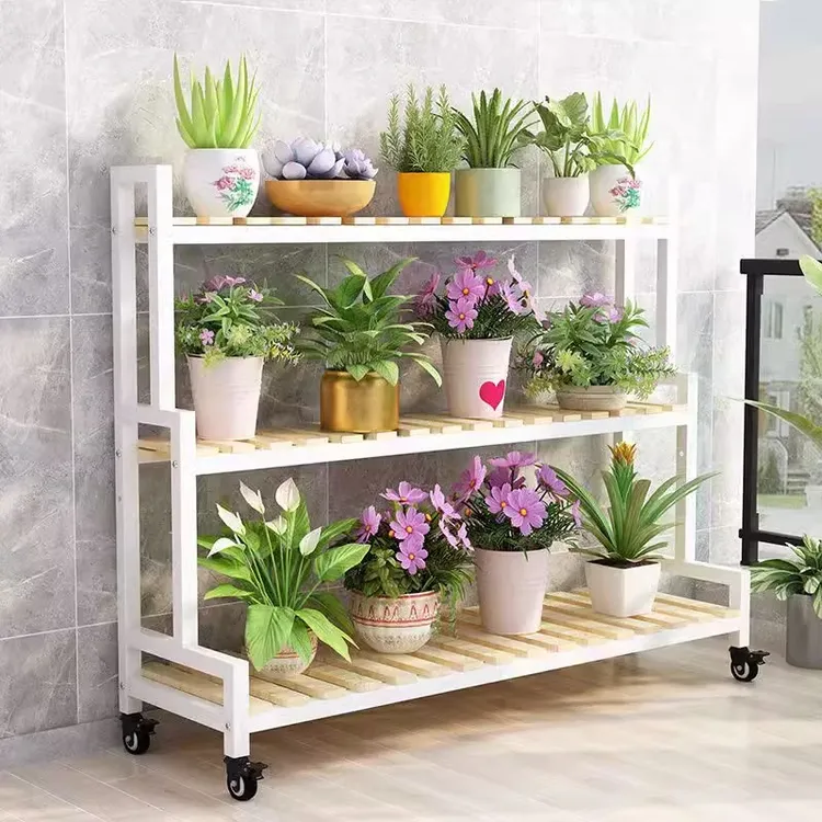 现代实木花盆架可移动阳台多肉置物架铁艺阶梯式室外防水花架带轮