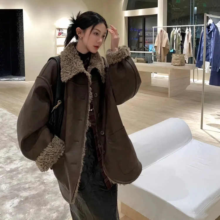 双面穿环保皮毛一体外套女中长款冬季2024款羊羔毛毛加厚复古外套