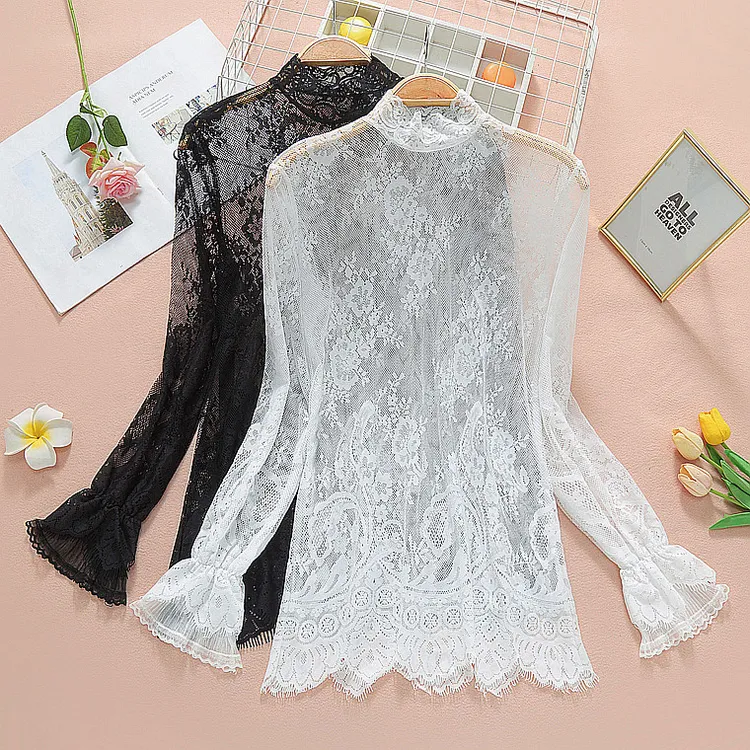 蕾丝打底衫女2025秋装新款韩版小衫长袖秋冬洋气镂空内搭网纱上衣