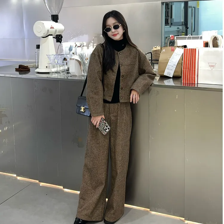 【大昱专属】秋冬羊毛加棉款 单排扣圆领长袖外套裤子两件套