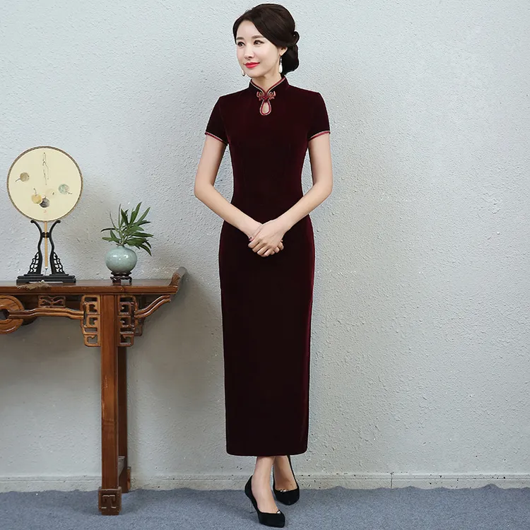 长款短袖丝绒旗袍改良复古修身酒红敬酒旗袍裙大码女