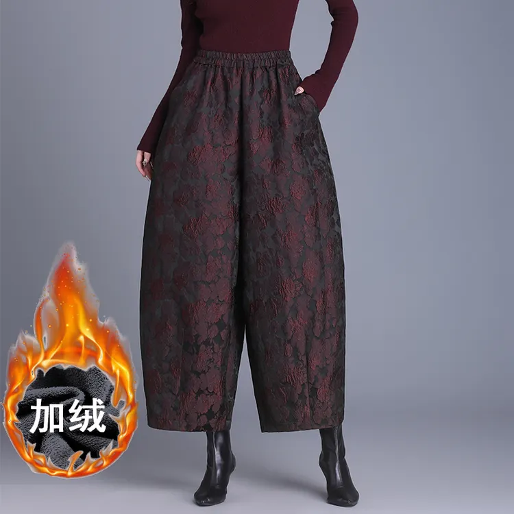 年轻妈妈加绒遮腿高档浮雕提花九分中国风花苞裤阔腿裤女休闲裤