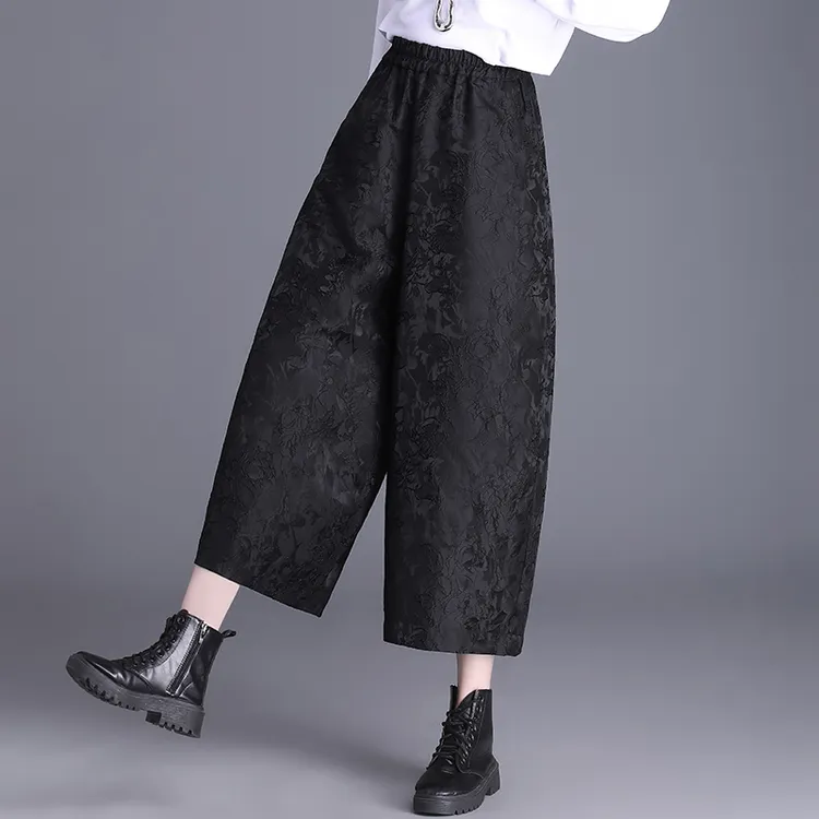 秋冬装新款高档加绒提花阔腿裤女高腰中年妈妈显瘦九分休闲靴裤子
