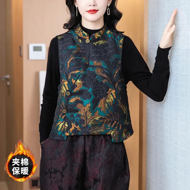 新中式国风提花马甲女款春秋坎肩外搭上衣妈妈冬季唐装夹棉小背心
