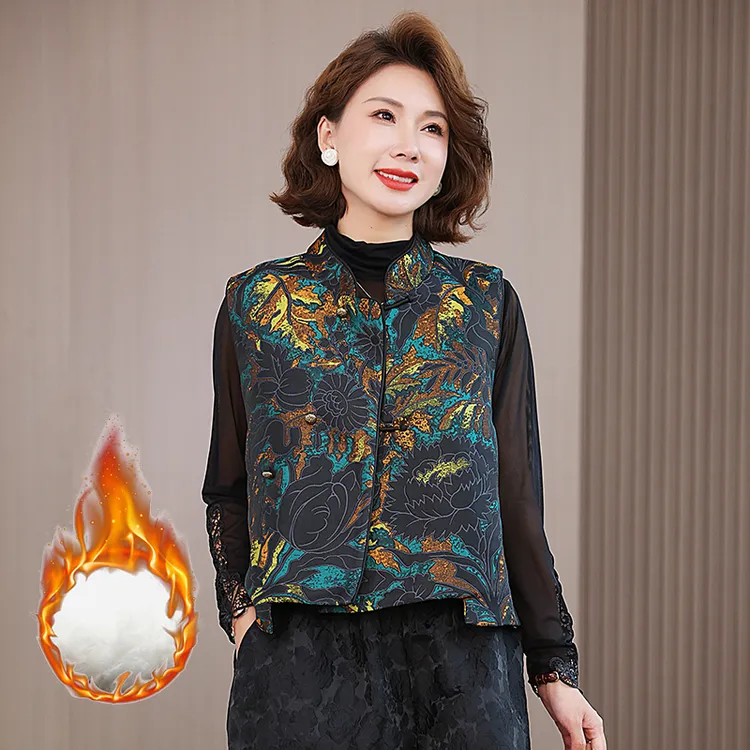 新中式国风提花马甲女款春秋坎肩外搭上衣妈妈冬季唐装夹棉小背心