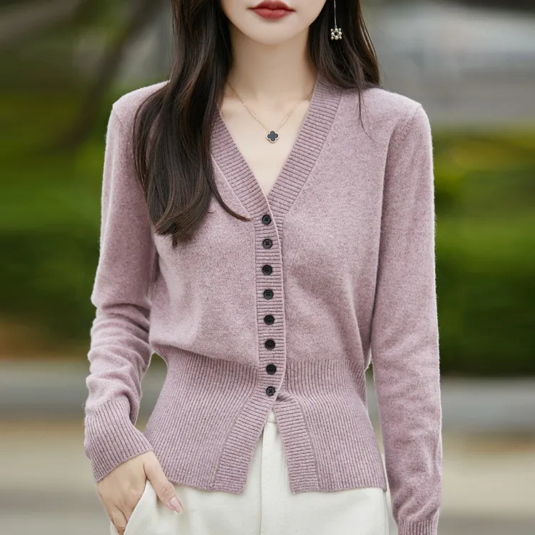 v领小香风长袖针织开衫女早秋外穿修身短款高级感超好看毛衣外套