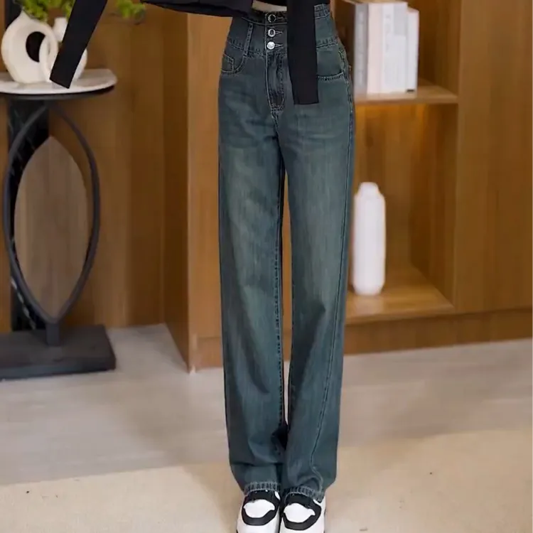 2025春秋夏季新品时尚百搭显瘦宽松复古休闲高腰窄版直筒牛仔裤