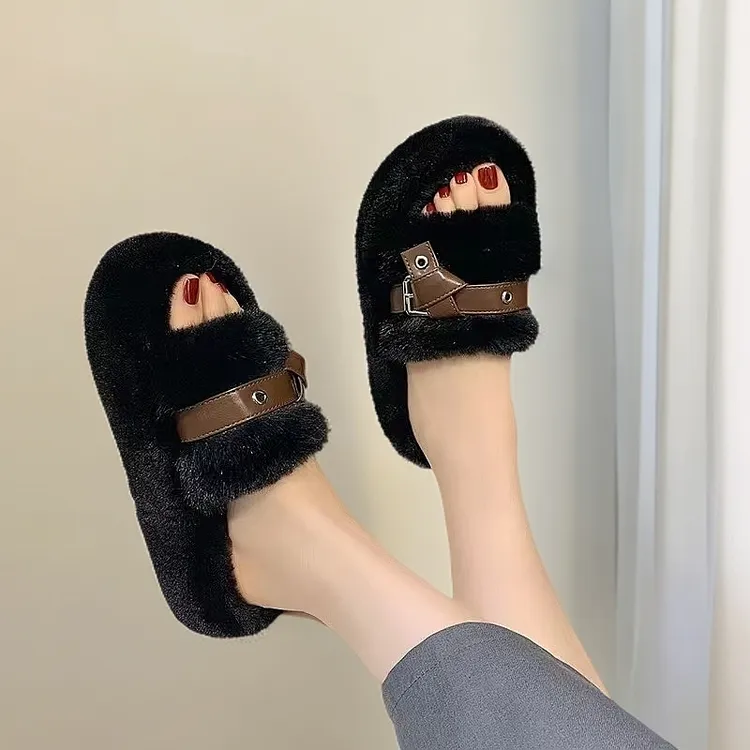 时尚网红毛毛拖鞋韩版秋冬季厚底防滑外穿居家百搭毛毛拖鞋一字拖