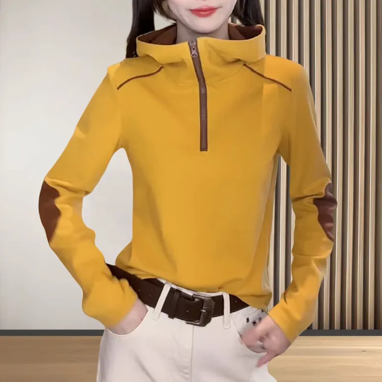 秋季新款连帽半拉链打底衫2025洋气减龄拼色长袖气质显瘦女装上衣