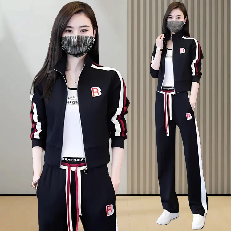 洋气休闲套装两件套2025秋冬女减龄撞色立领开衫拉链外套松紧长裤