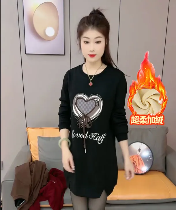加绒/不加绒2025秋冬韩版长袖宽松卫衣女中长款拼接印花绑绳开叉