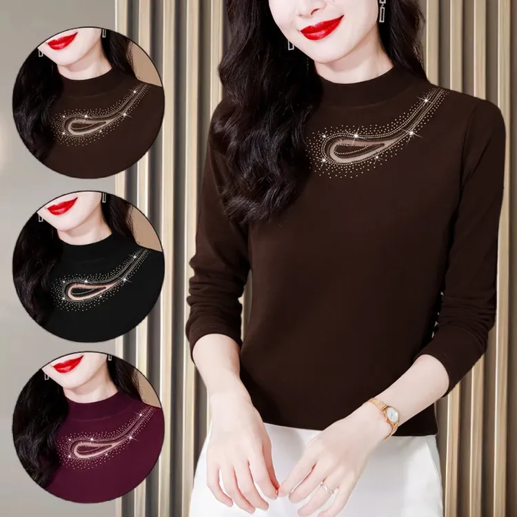 大码德绒烫钻2025秋季新款百搭上衣洋气修身显瘦长袖内搭打底衫女