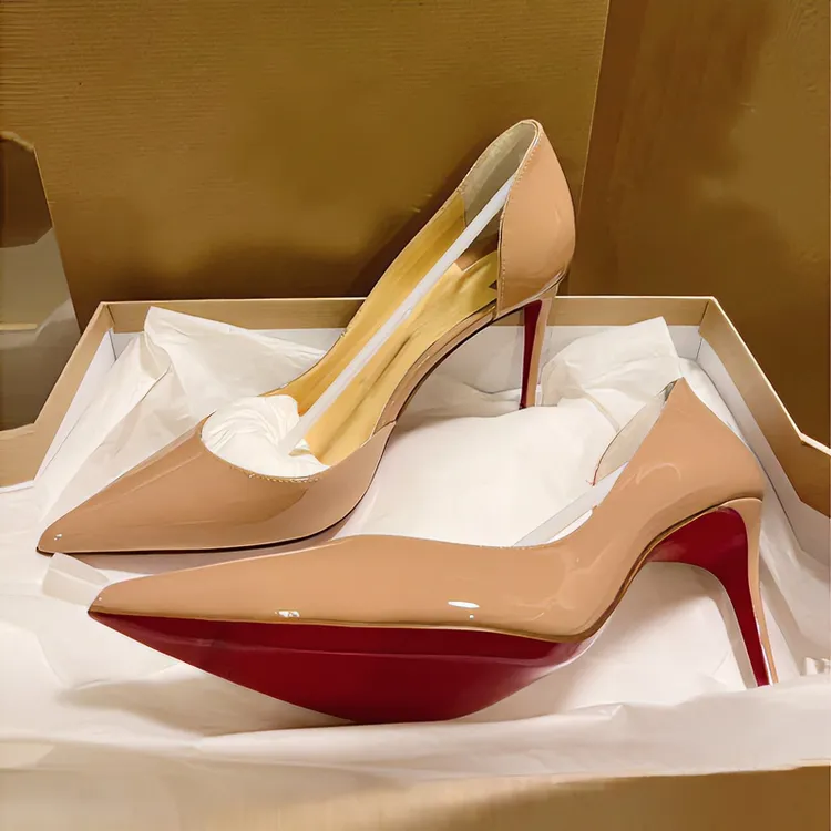 裸色高跟鞋女细跟2024年新款红底鞋尖头浅口气质漆皮职业侧空单鞋