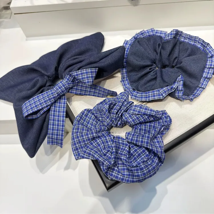 韩版新款蓝色系列布艺格子蝴蝶结方巾发圈时尚百搭扎马尾肠圈发饰