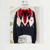 丨早秋复古时尚设计感大V领翻领套头针织衫  8963