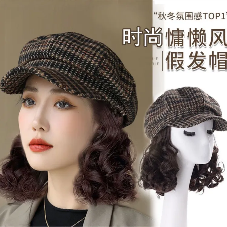 帽子假发一体女复古千鸟格八角帽短卷发百搭鸭舌帽假发一体全头套