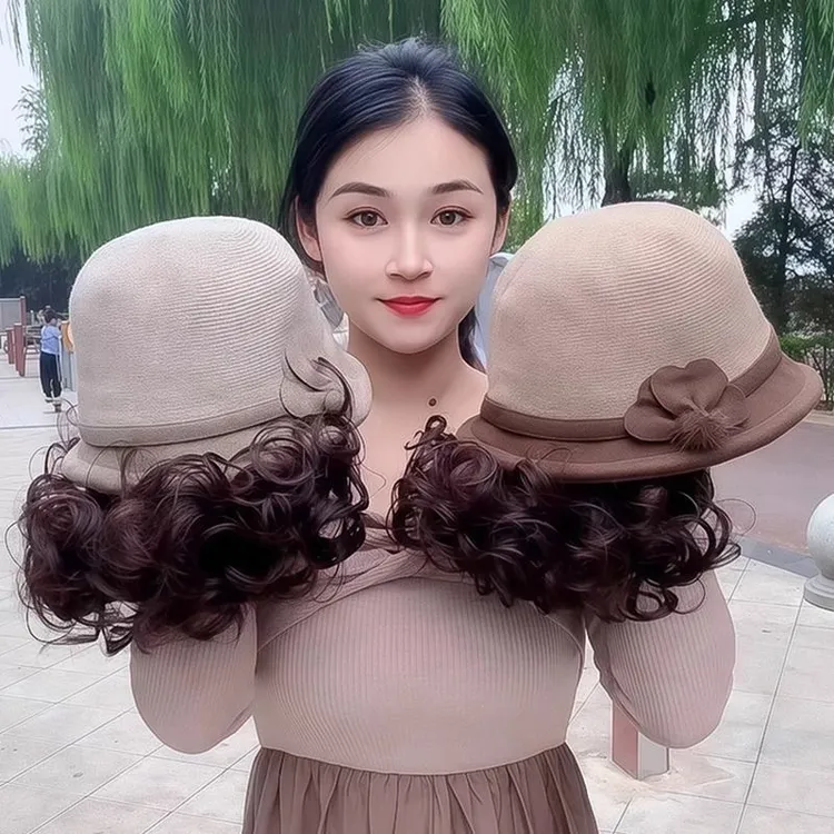 帽子假发一体女短卷梨花烫中老年渔夫假发帽时尚减龄一体带帽假发