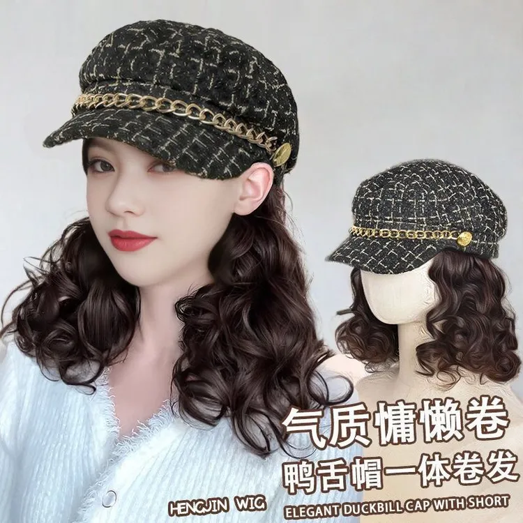 帽子假发一体女时尚秋冬新款小香风八角帽锁骨发短发全头套假发帽
