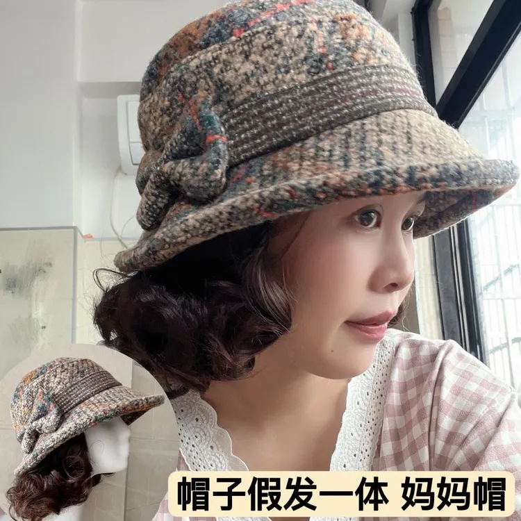 秋冬爆款妈妈渔夫帽小卷发假发套时尚减龄遮白发逼真自然帽子假发