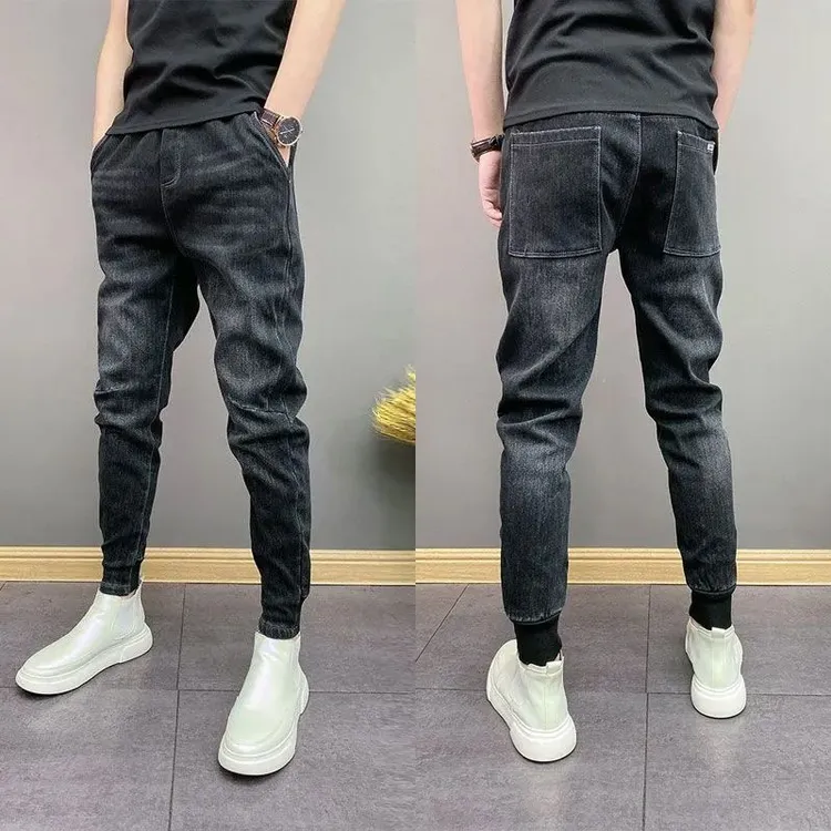 秋冬黑色束脚牛仔裤男士潮流潮牌修身小脚裤百搭束脚裤加绒牛仔裤