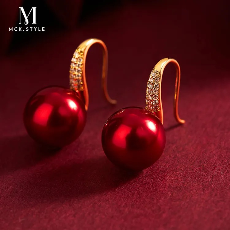 mck 合金仿珍珠耳饰 法式红色耳环女2025年新款气质轻奢小众耳坠