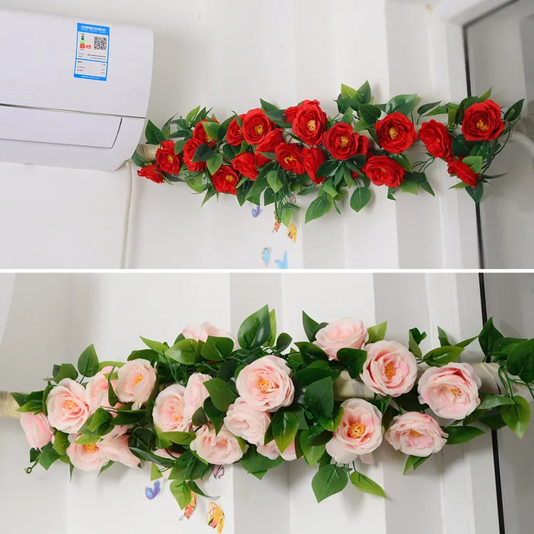 仿真玫瑰花藤粉色假花藤条物品空调管道装饰藤蔓加厚过胶叶片遮挡