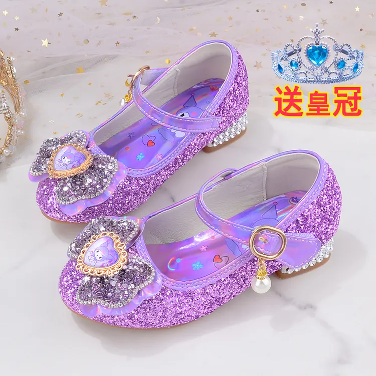儿童高跟鞋春秋小女孩紫色水晶鞋库洛米公主时尚软底单鞋女童皮鞋