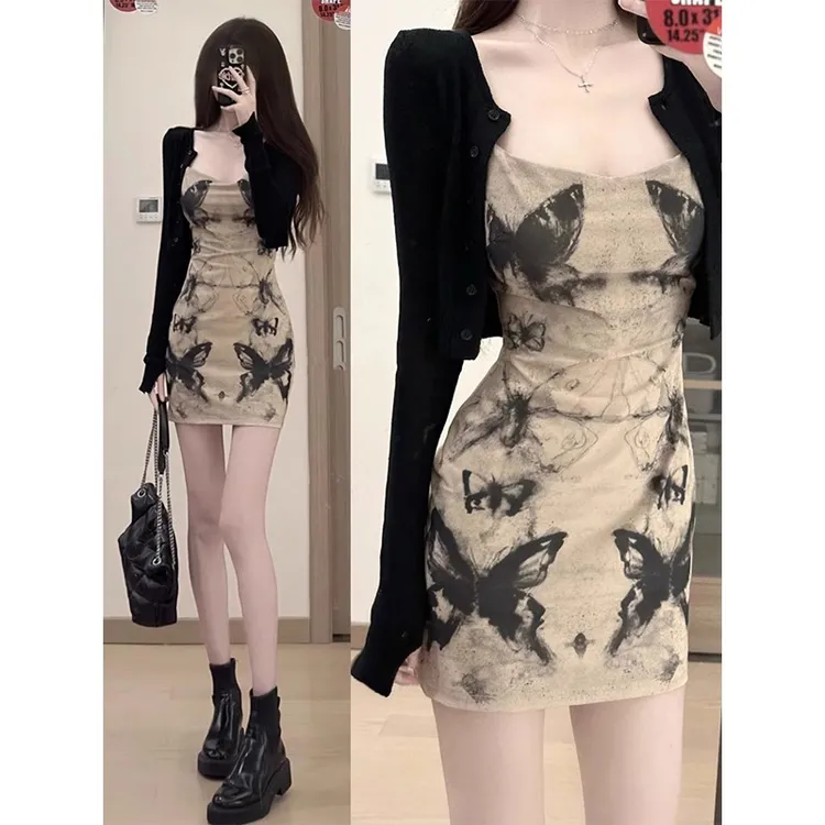复古水墨蝴蝶吊带裙法式气质修身包臀连衣裙开衫两件套2024年新款