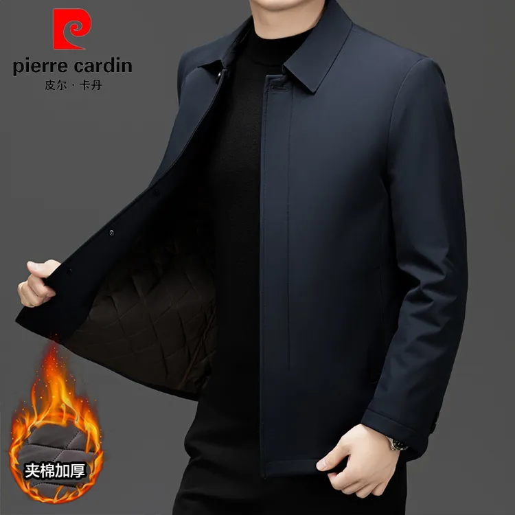 皮尔卡丹棉衣男士夹棉外套中老年爸爸装秋冬季加厚格纹夹克棉服男