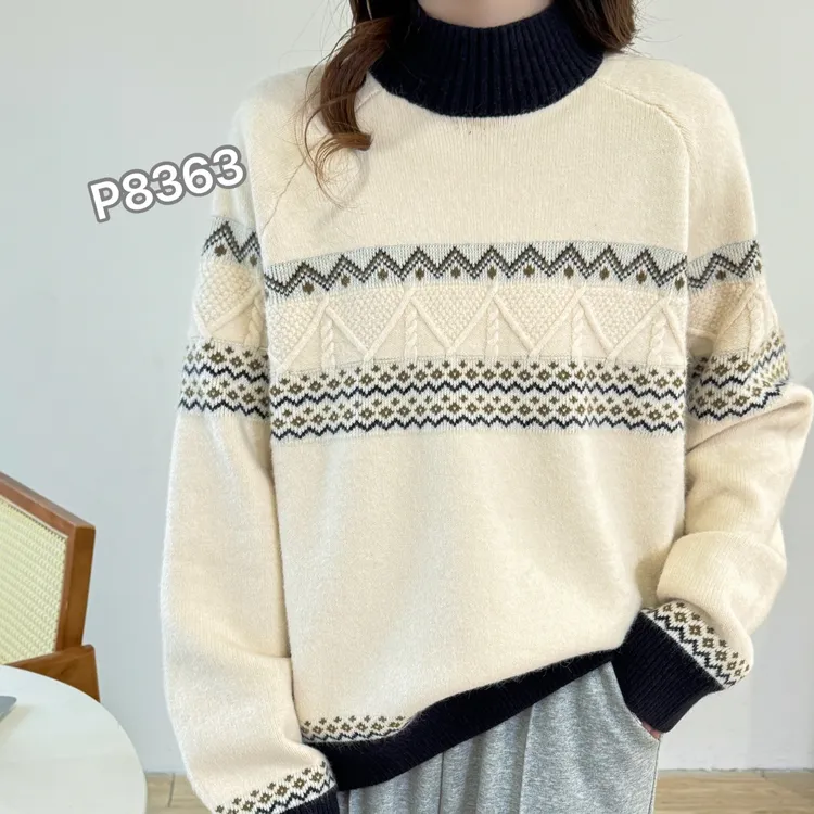 P8363半高领针织时尚宽松条纹加厚圆领秋冬提花套头韩版冬季撞色