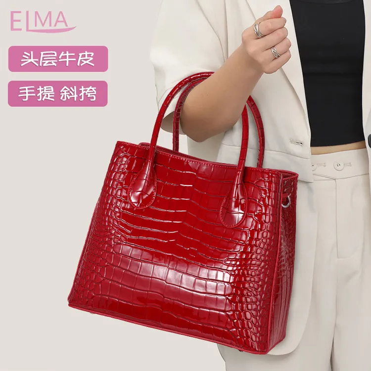 真皮高档新款高级感妈妈手提包牛皮斜挎包女时尚手提包红色爆款包
