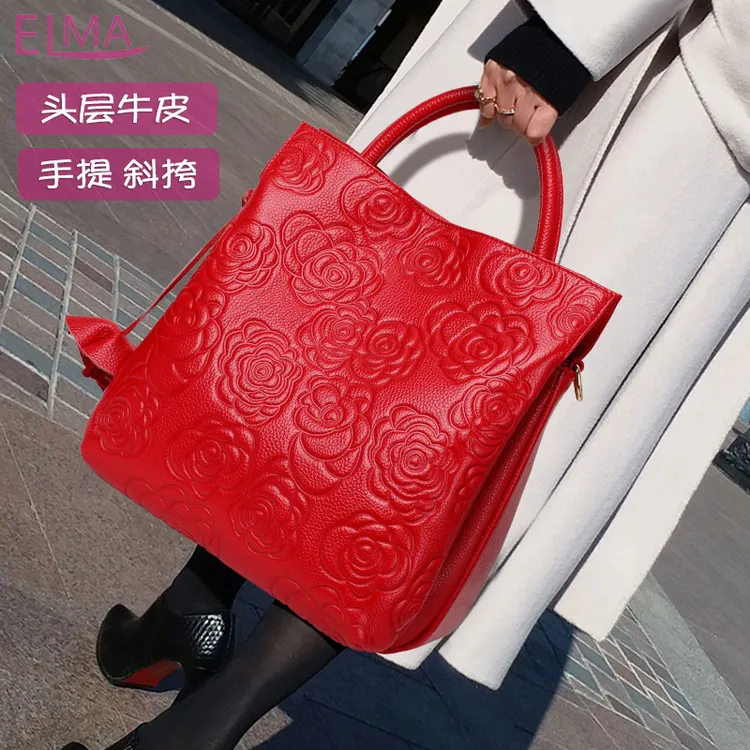 头层牛皮包新款女包红色新娘婚包高端真皮妈妈手提包轻奢通勤女包
