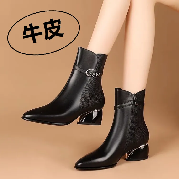 真皮尖头短靴女粗跟2025秋冬新款黑色马丁靴女靴时尚中跟大码女鞋