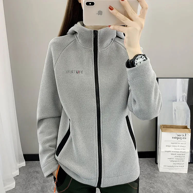 女款加厚加绒连帽摇粒绒抓绒衣秋冬新款弹力保暖防寒户外运动外套