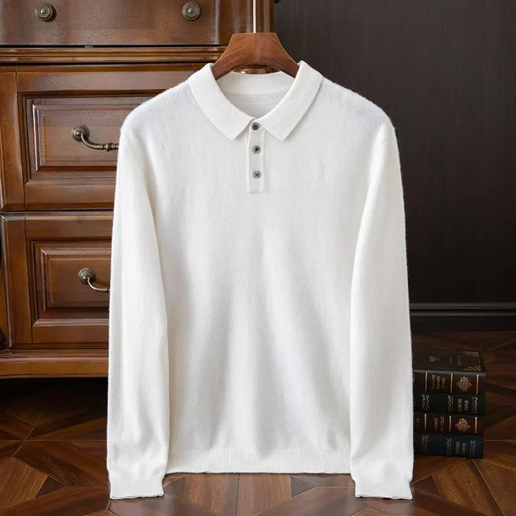 新品100%男士纯山羊绒衫POLO领长袖净面套头百搭打底宽松翻领毛衣