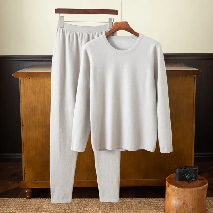 100%男士纯山羊绒48支精纺三股空气层秋冬新款加厚保暖内搭套装衫