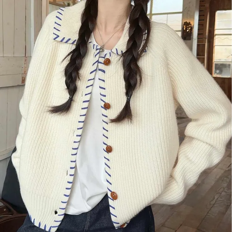 气质设计感手工撞色穿线针织开衫毛衣秋季韩系开衫外套女春秋款