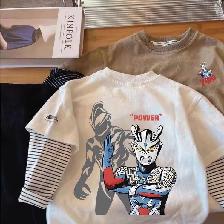 男童纯棉长袖T恤假两件超人衣服宝宝中小童装上衣春秋洋气圆领T恤