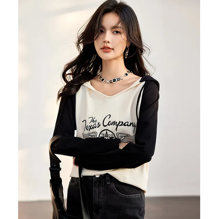 2024秋季新款撞色洋气连帽长袖T恤女独特别致小上衣时尚百搭小衫